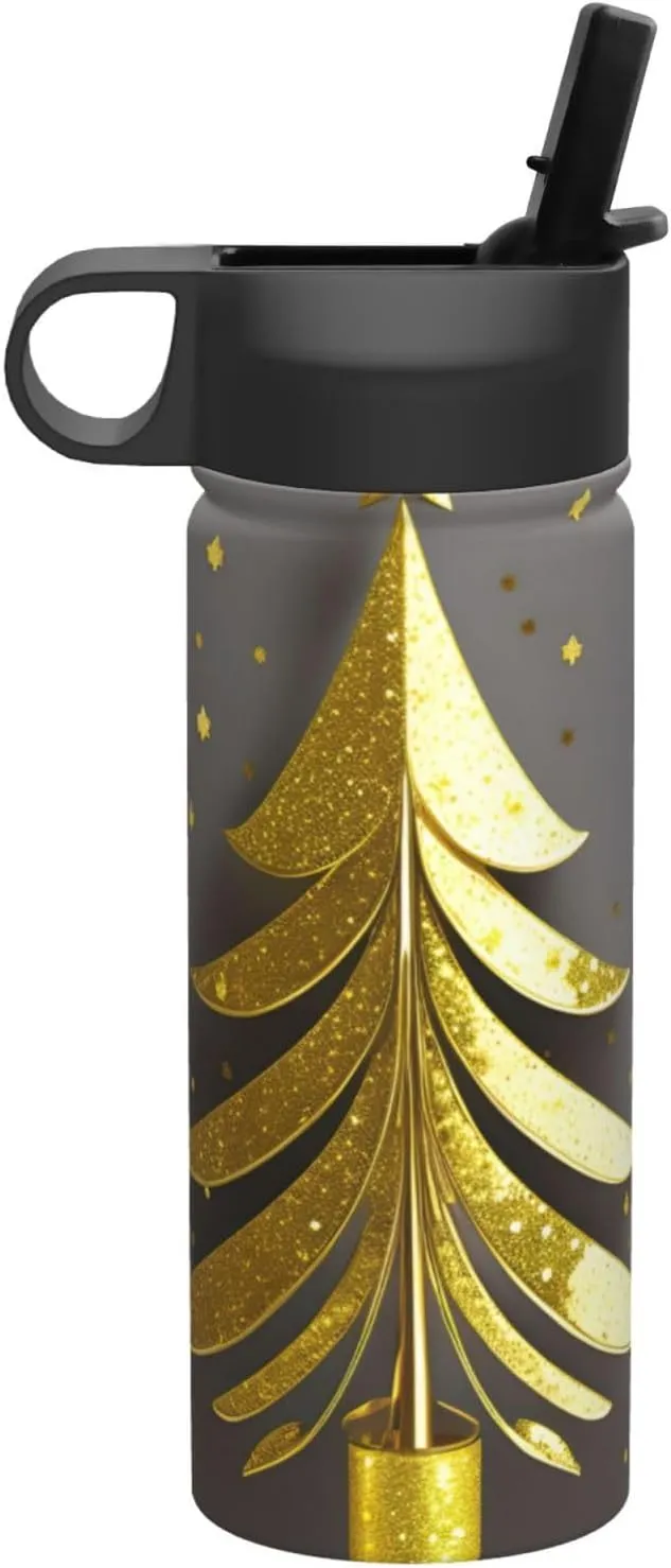 Golden Glitter Christmas Tree Print Flask Stainless Steel Water Bottle with Straw 18OZ FOR Outdoor Gym Commute