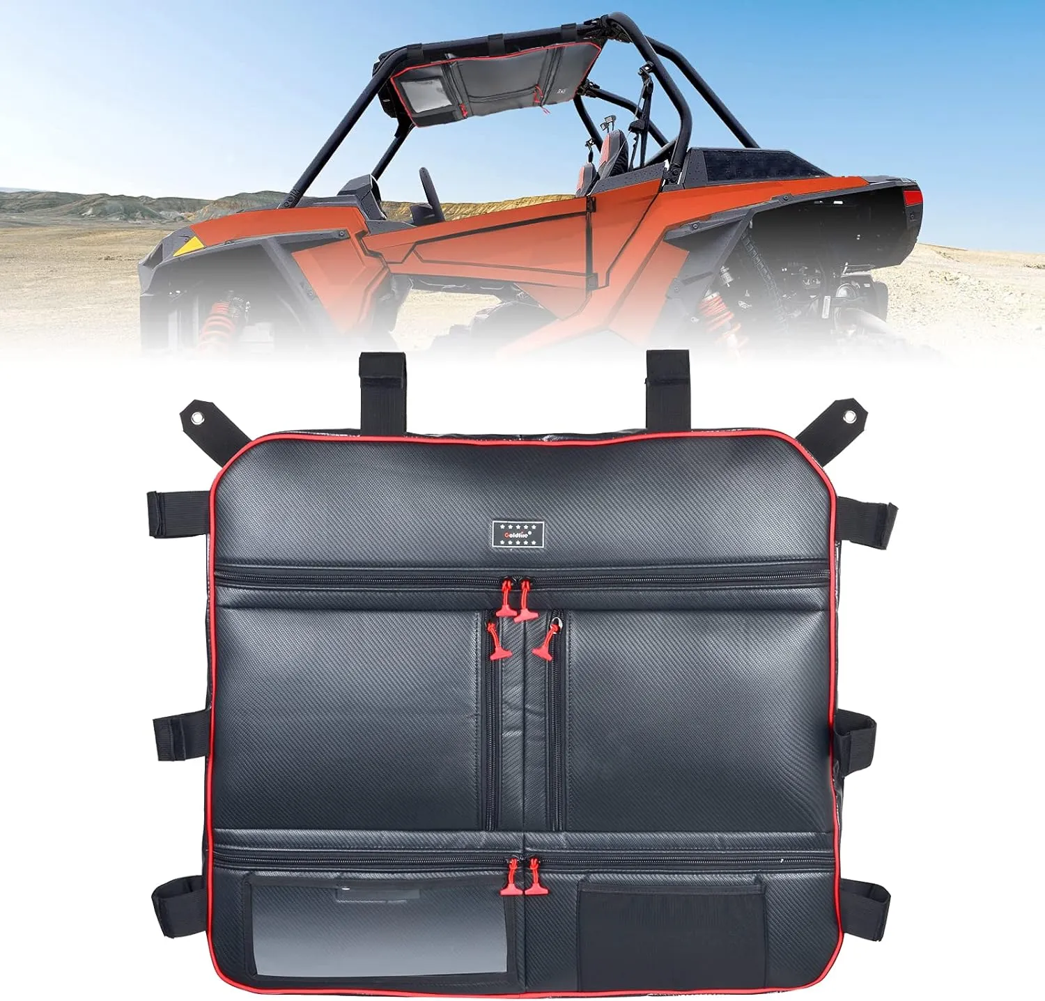 Goldfire Overhead Storage Bag Center Roof Top Map Bag Tool Gear Bag Compatible with Polaris RZR XP 1000 2 Seat or 4 Seat All Years Models RZR 1000 XP Accessories (Red Piping)