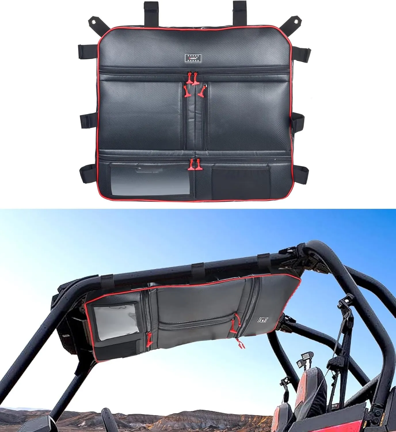 Goldfire Overhead Storage Bag Center Roof Top Map Bag Tool Gear Bag Compatible with Polaris RZR XP 1000 2 Seat or 4 Seat All Years Models RZR 1000 XP Accessories (Red Piping)