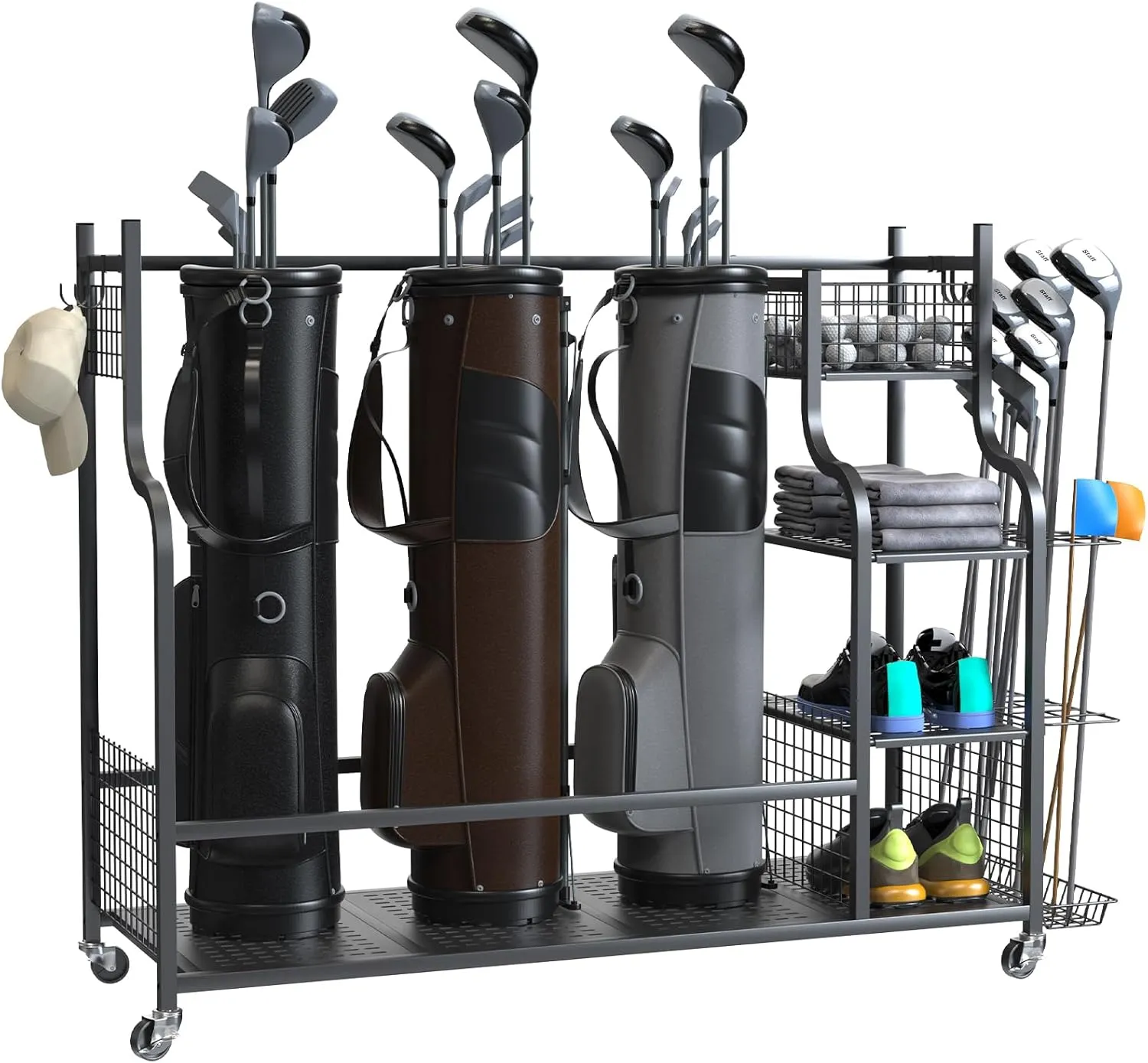Golf Bag Storage Garage Organizer 3 Bag - Extra Large Size Golf Bag Storage Stand for 3 Golf Bags, GolfClub Storage Rack with Wheels for Garage, Shed, Basement