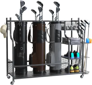 Golf Bag Storage Garage Organizer 3 Bag - Extra Large Size Golf Bag Storage Stand for 3 Golf Bags, GolfClub Storage Rack with Wheels for Garage, Shed, Basement