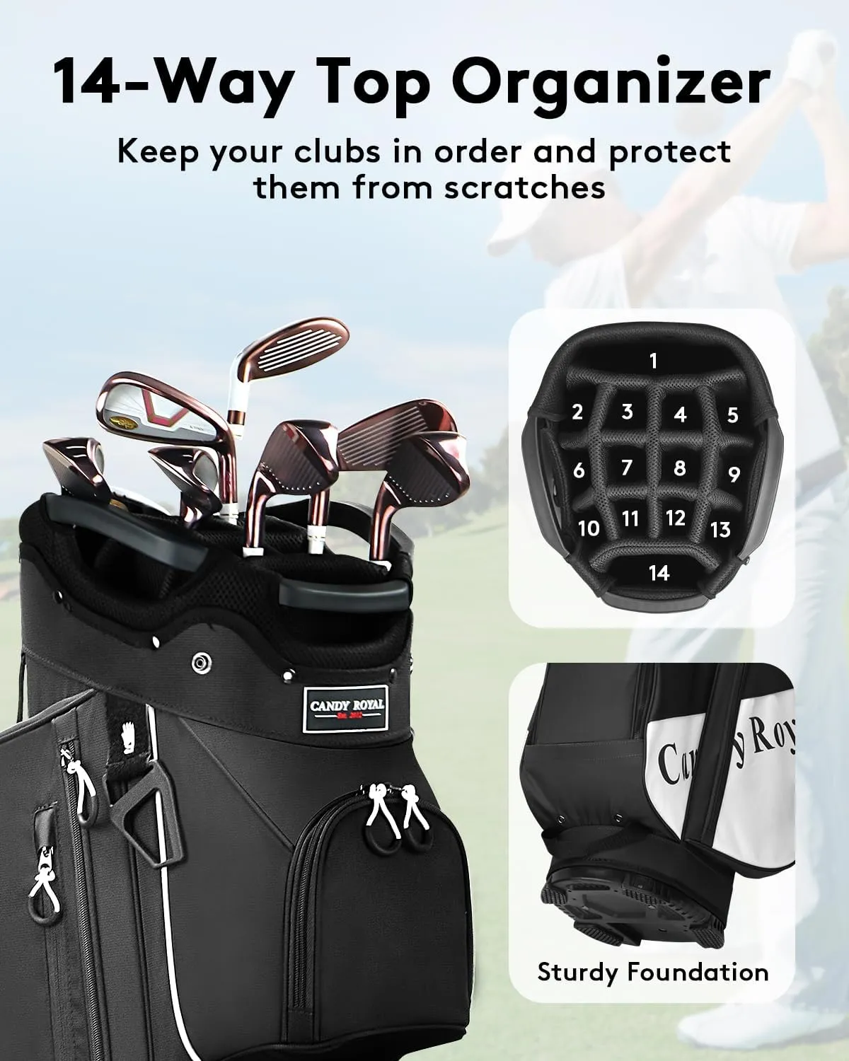 Golf Cart Bag:14 Way Full Length Divider Top Lightweight with Cooler Handles Rain Cover and Golf Shoe Bag Green