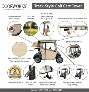 Golf Cart Cover – 3-Sided Track Style Sunbrella Canvas – Fits Golf Bags, Utility Box or Rear Facing Seat Cart Cover for Club Car Onward/Precedent/Temp (Jet Black)