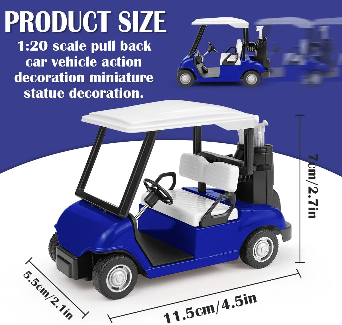 Golf Cart Model Diecast, Pull Back Action Golf Cart, Mini 1:20 Scale Golfcart Vehicle for Kids Party Favor Home Office Decor（Blue）