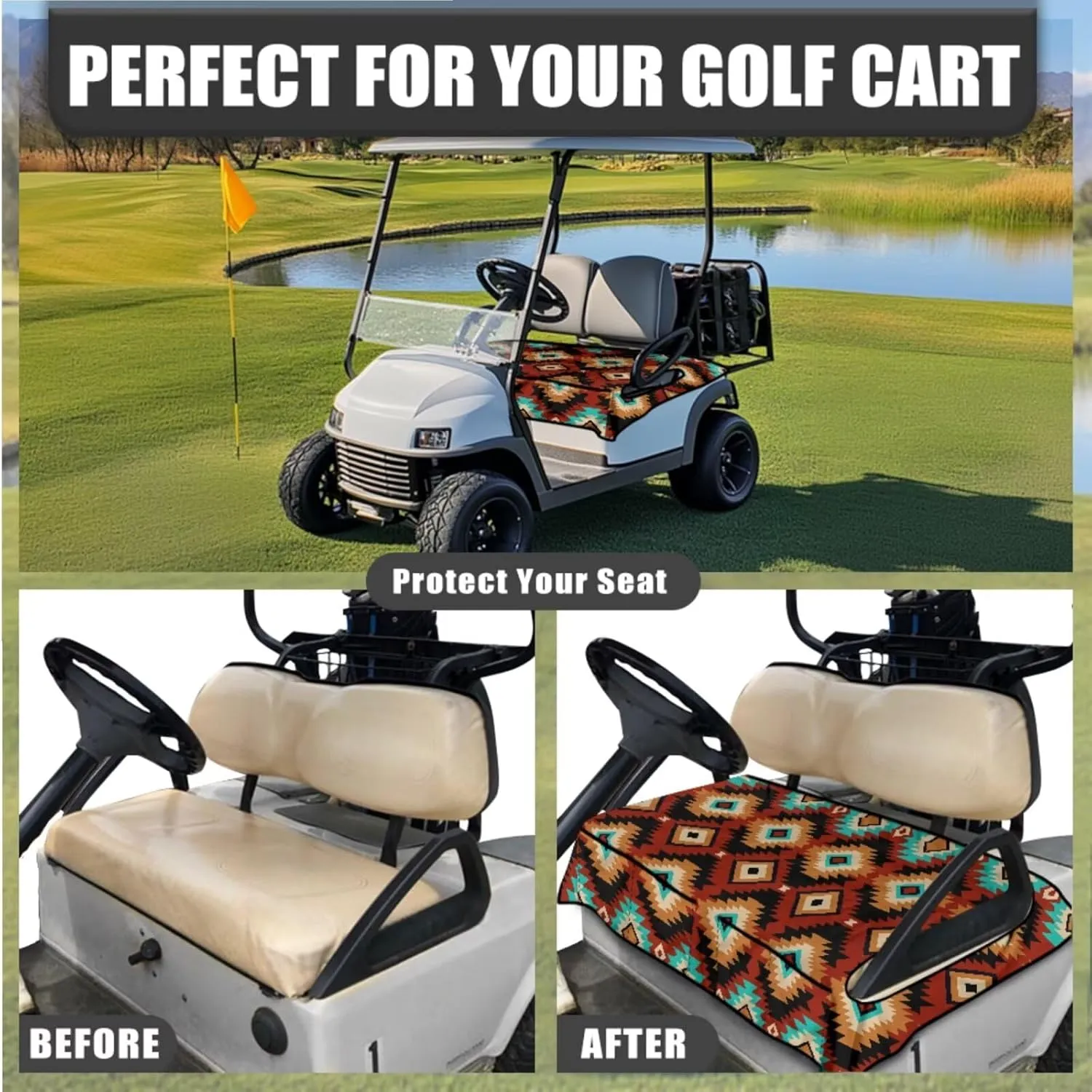 Golf Cart Seat Towel Upgrade Pack - Aztec Tribal Print All-Weather Seat Blanket (52x32)   UV-Resistant Steering Cover, Perfect Golf Gifts for Couples & Enthusiasts