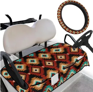 Golf Cart Seat Towel Upgrade Pack - Aztec Tribal Print All-Weather Seat Blanket (52x32)   UV-Resistant Steering Cover, Perfect Golf Gifts for Couples & Enthusiasts