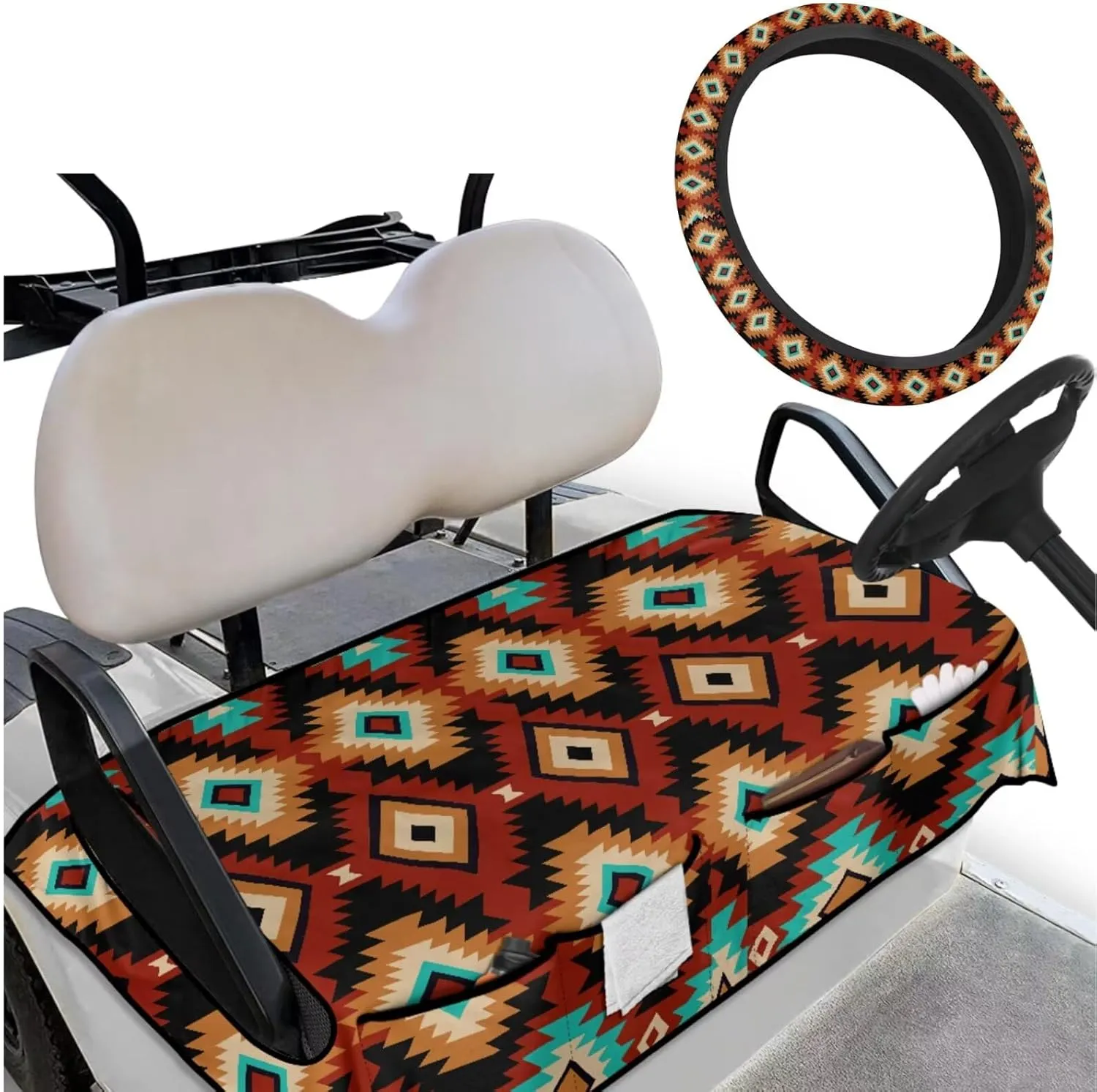 Golf Cart Seat Towel Upgrade Pack - Aztec Tribal Print All-Weather Seat Blanket (52x32)   UV-Resistant Steering Cover, Perfect Golf Gifts for Couples & Enthusiasts
