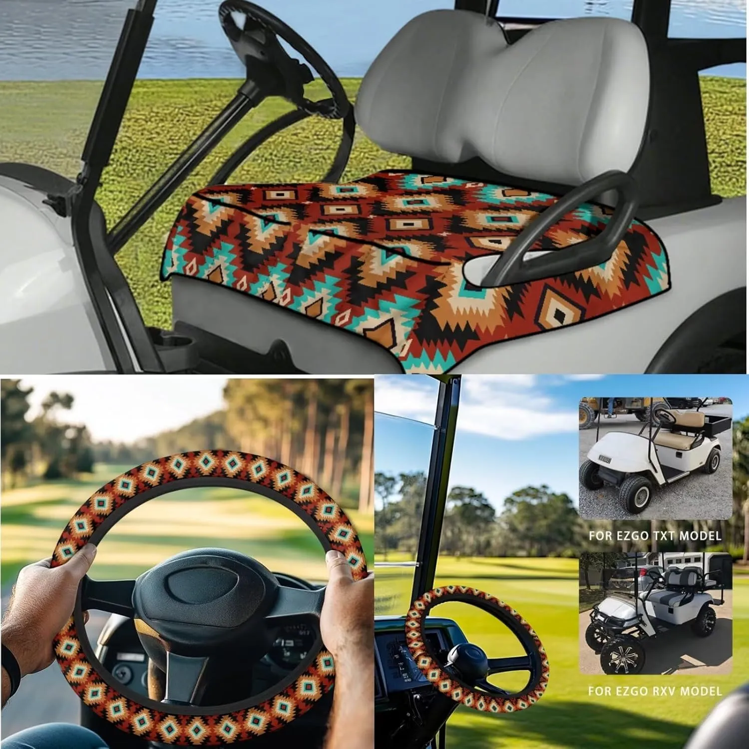 Golf Cart Seat Towel Upgrade Pack - Aztec Tribal Print All-Weather Seat Blanket (52x32)   UV-Resistant Steering Cover, Perfect Golf Gifts for Couples & Enthusiasts