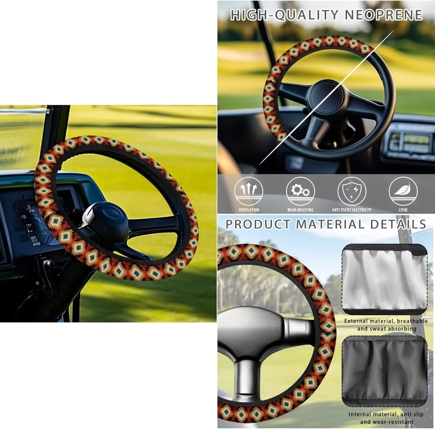 Golf Cart Seat Towel Upgrade Pack - Aztec Tribal Print All-Weather Seat Blanket (52x32)   UV-Resistant Steering Cover, Perfect Golf Gifts for Couples & Enthusiasts