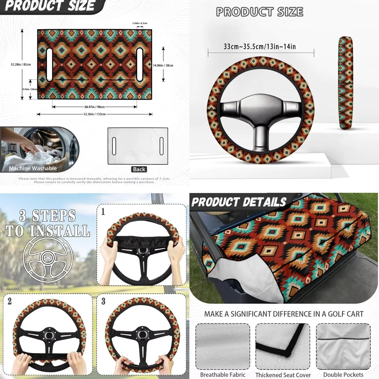 Golf Cart Seat Towel Upgrade Pack - Aztec Tribal Print All-Weather Seat Blanket (52x32)   UV-Resistant Steering Cover, Perfect Golf Gifts for Couples & Enthusiasts