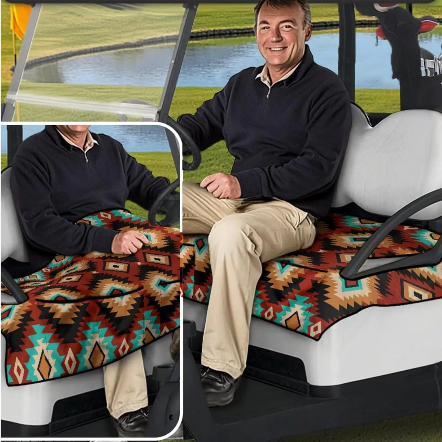 Golf Cart Seat Towel Upgrade Pack - Aztec Tribal Print All-Weather Seat Blanket (52x32)   UV-Resistant Steering Cover, Perfect Golf Gifts for Couples & Enthusiasts