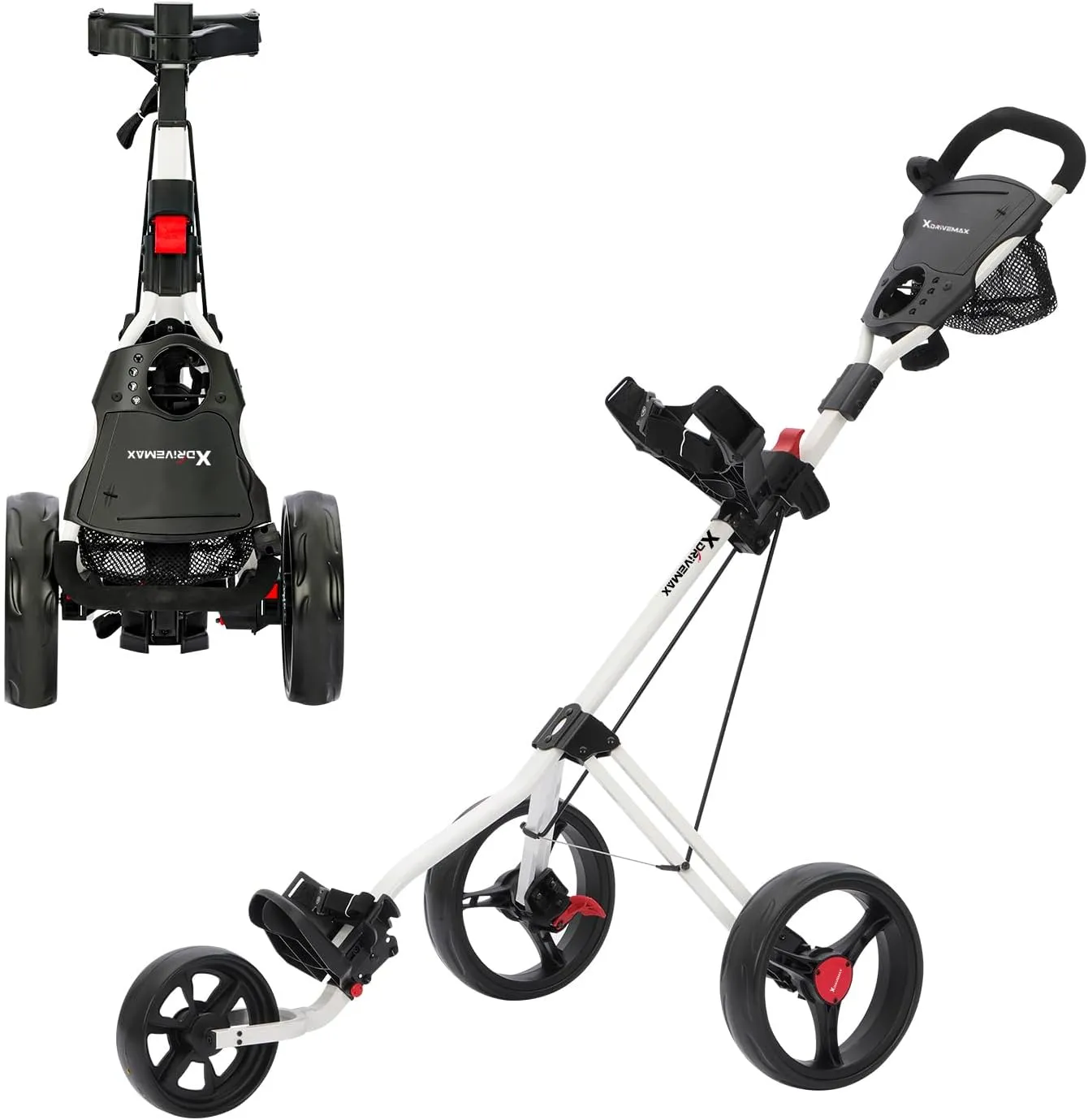 Golf Cart Series: 3-Wheel Folding Push Carts in Black, White, Green, and Red. Lightweight with Cup Holders, scorecard Holders, and Storage, Perfect for Golf Clubs and Bags.