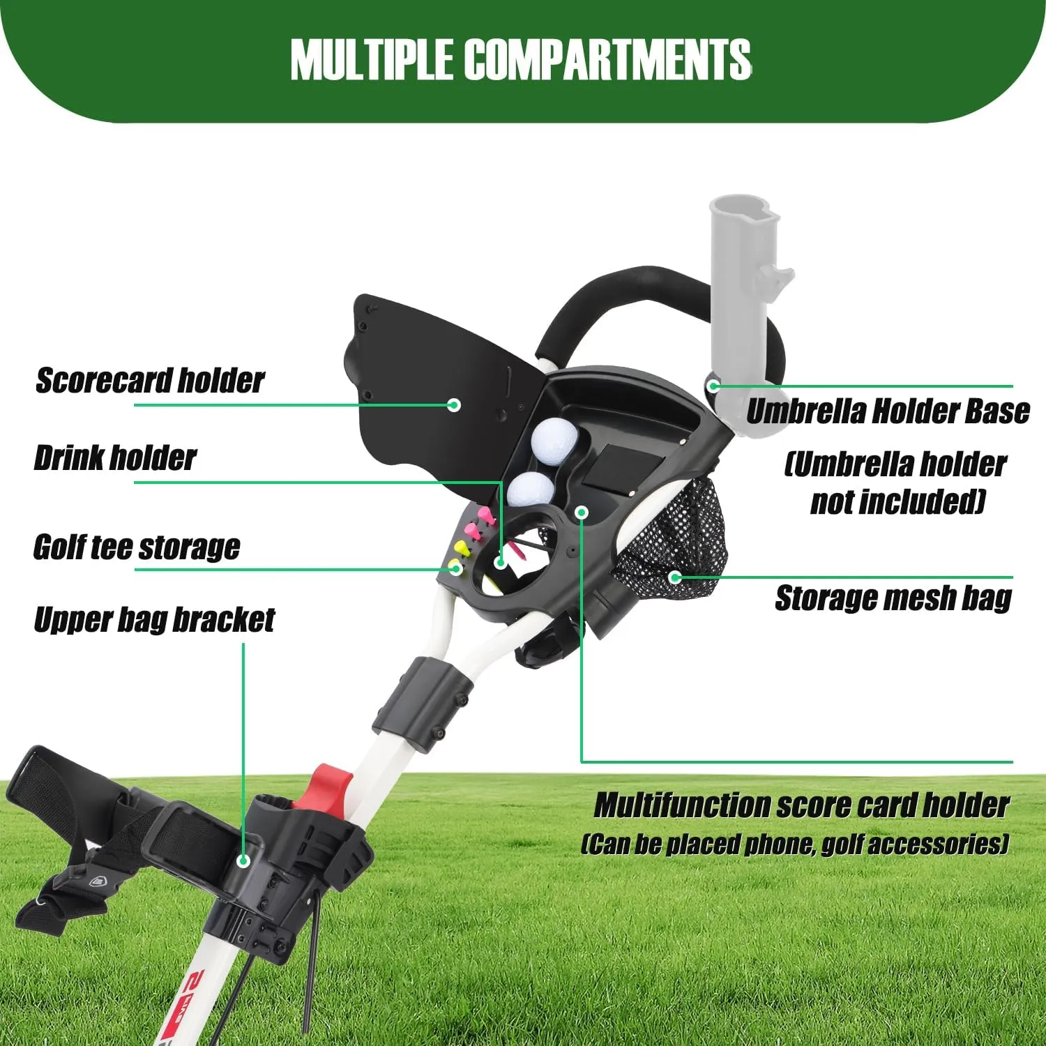 Golf Cart Series: 3-Wheel Folding Push Carts in Black, White, Green, and Red. Lightweight with Cup Holders, scorecard Holders, and Storage, Perfect for Golf Clubs and Bags.
