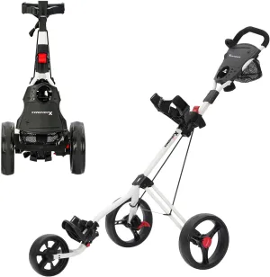 Golf Cart Series: 3-Wheel Folding Push Carts in Black, White, Green, and Red. Lightweight with Cup Holders, scorecard Holders, and Storage, Perfect for Golf Clubs and Bags.