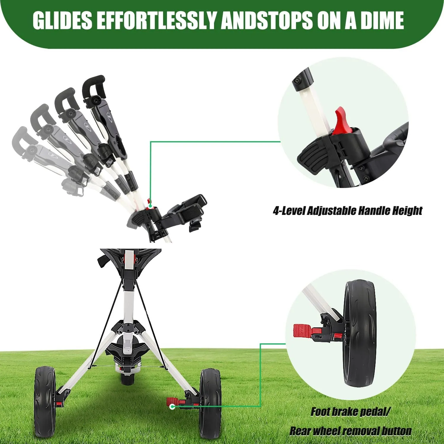 Golf Cart Series: 3-Wheel Folding Push Carts in Black, White, Green, and Red. Lightweight with Cup Holders, scorecard Holders, and Storage, Perfect for Golf Clubs and Bags.