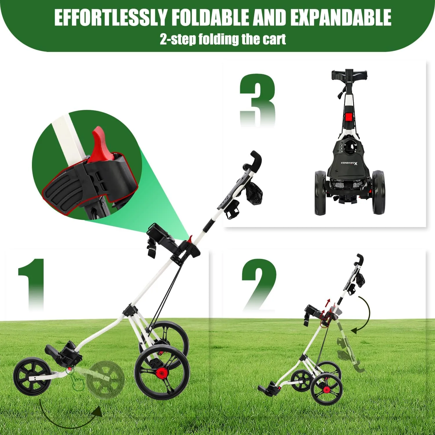 Golf Cart Series: 3-Wheel Folding Push Carts in Black, White, Green, and Red. Lightweight with Cup Holders, scorecard Holders, and Storage, Perfect for Golf Clubs and Bags.