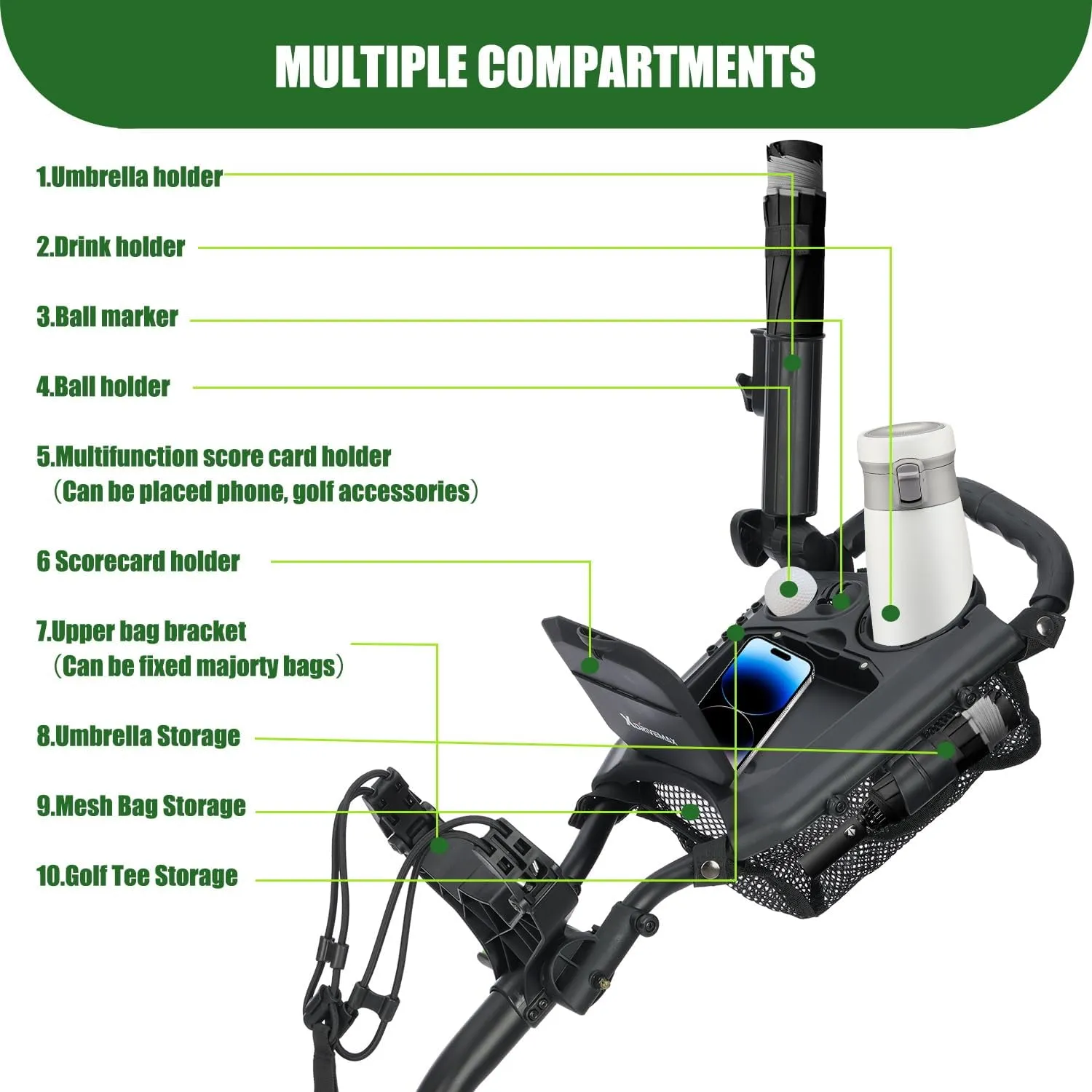 Golf Cart Series: Lightweight 2-Wheel Foldable, 360° Rotating 3-Wheel with Umbrella Stand, and 4-Wheel One-Click Folding. Designed for Golf Clubs and Bags with Enhanced Storage Features.