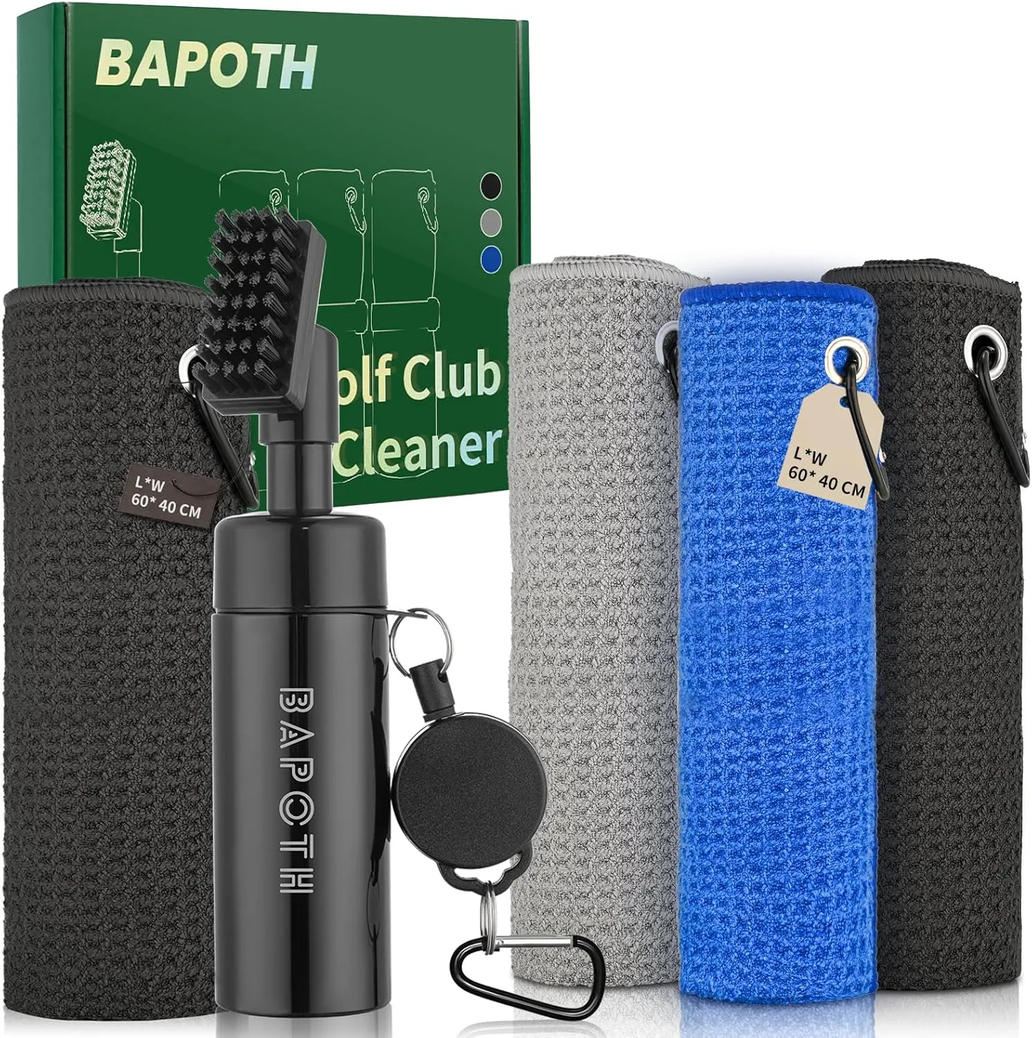 Golf Club Cleaner and 3 Color Golf Towel Bundle Items