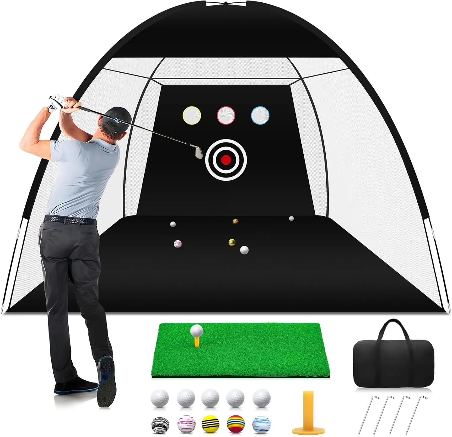 Golf Practice Net - 10x7ft Hitting Net with Targets & 10 Balls - Indoor/Outdoor Golf Accessory
