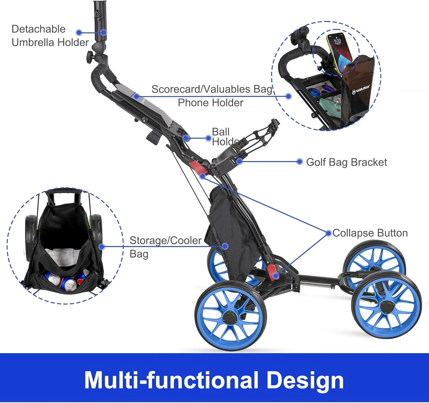 Golf Push Cart 4 Wheels Folding Blue Golf Pull Cart with Umbrella Holder, Phone Holder, Scoreboard Holder, Golf Cart for Golf Bag, Golf Accessories for Men Women/Kids
