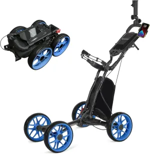 Golf Push Cart 4 Wheels Folding Blue Golf Pull Cart with Umbrella Holder, Phone Holder, Scoreboard Holder, Golf Cart for Golf Bag, Golf Accessories for Men Women/Kids