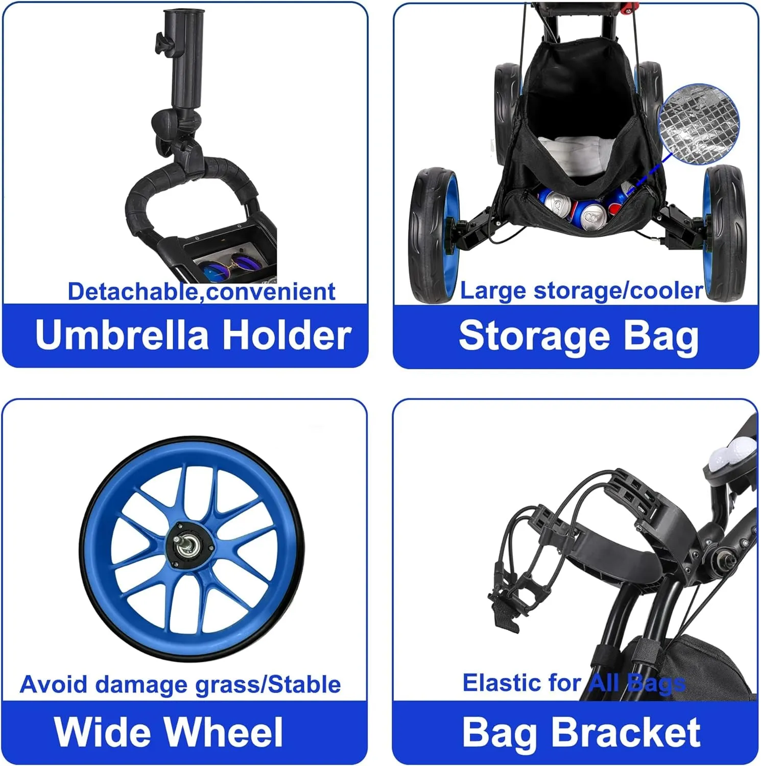 Golf Push Cart 4 Wheels Folding Blue Golf Pull Cart with Umbrella Holder, Phone Holder, Scoreboard Holder, Golf Cart for Golf Bag, Golf Accessories for Men Women/Kids