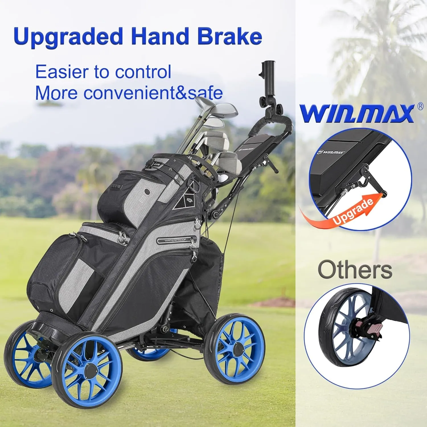Golf Push Cart 4 Wheels Folding Blue Golf Pull Cart with Umbrella Holder, Phone Holder, Scoreboard Holder, Golf Cart for Golf Bag, Golf Accessories for Men Women/Kids