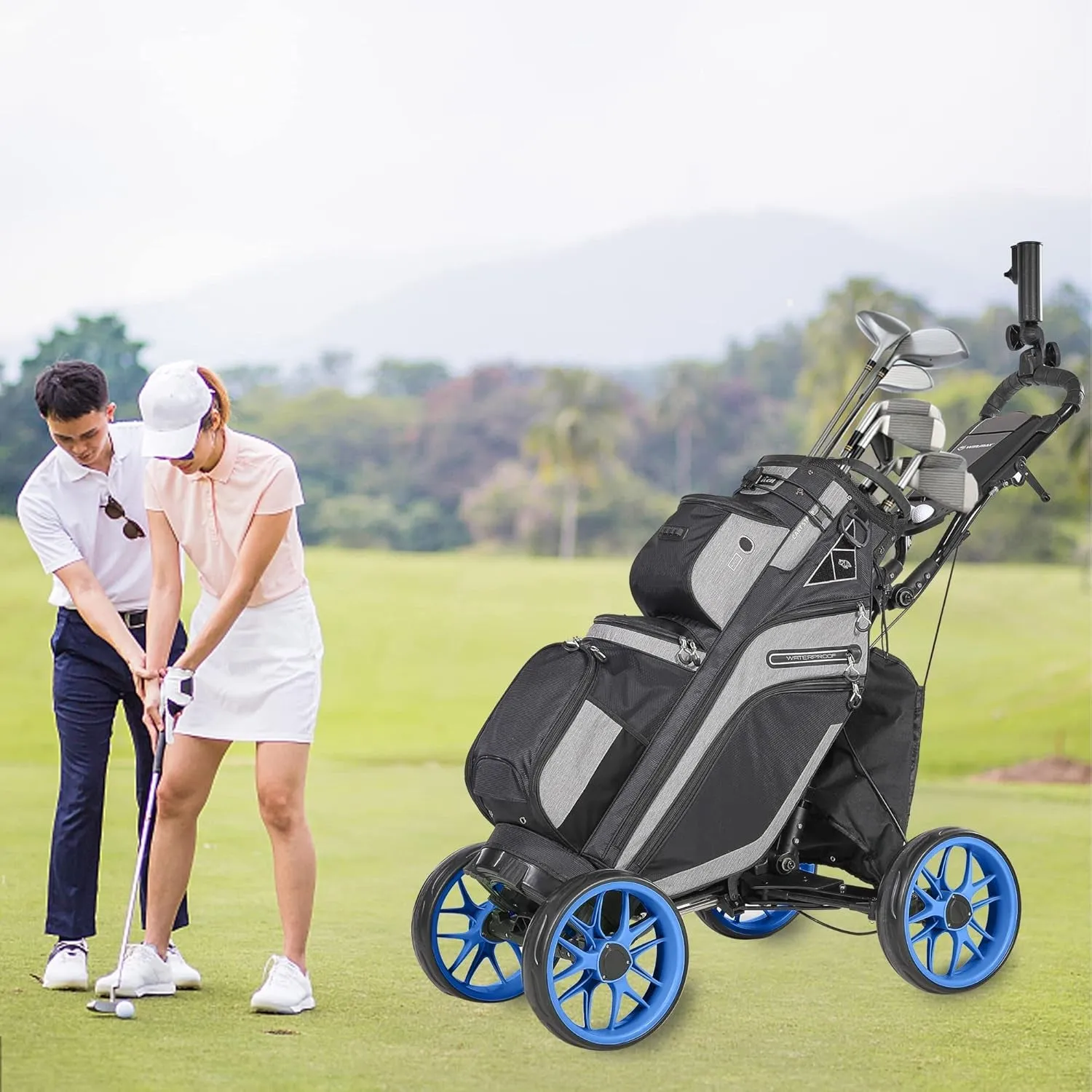 Golf Push Cart 4 Wheels Folding Blue Golf Pull Cart with Umbrella Holder, Phone Holder, Scoreboard Holder, Golf Cart for Golf Bag, Golf Accessories for Men Women/Kids