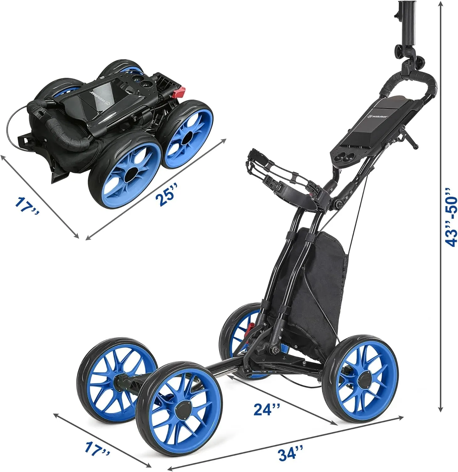 Golf Push Cart 4 Wheels Folding Blue Golf Pull Cart with Umbrella Holder, Phone Holder, Scoreboard Holder, Golf Cart for Golf Bag, Golf Accessories for Men Women/Kids