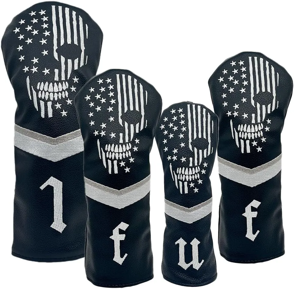 Golf Skull Skeleton Head Cover Golf Club Black Leather Headcovers Set Fits Driver Fairway Wood Hybrid Utility Putter Iron Wedge Headcover.
