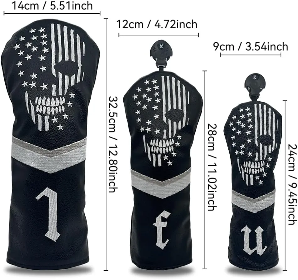 Golf Skull Skeleton Head Cover Golf Club Black Leather Headcovers Set Fits Driver Fairway Wood Hybrid Utility Putter Iron Wedge Headcover.