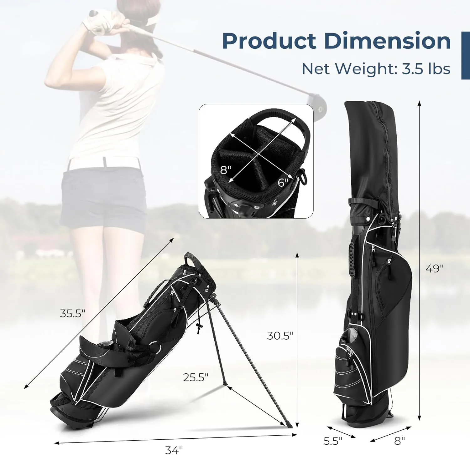 Golf Stand Bag, Portable Golf Clubs Bag w/4 Way Dividers, 4 Pockets, Adjustable Shoulder Straps, Pencil Golf Bag w/ 2 Non-Slip Stand, Lightweight Golf Bag for Men Women