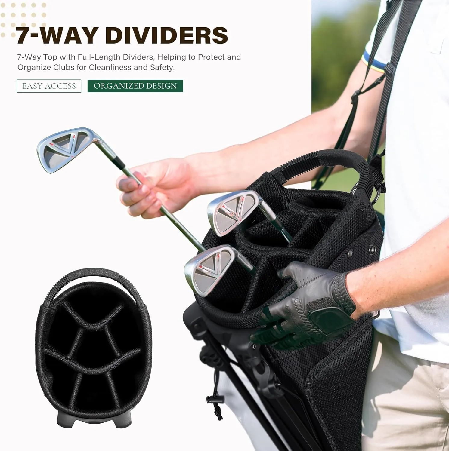 Golf Stand Bag with 7 Way Top Dividers, Lightweight Golf Bags for Men Women with Multiple Pockets, Dual Straps