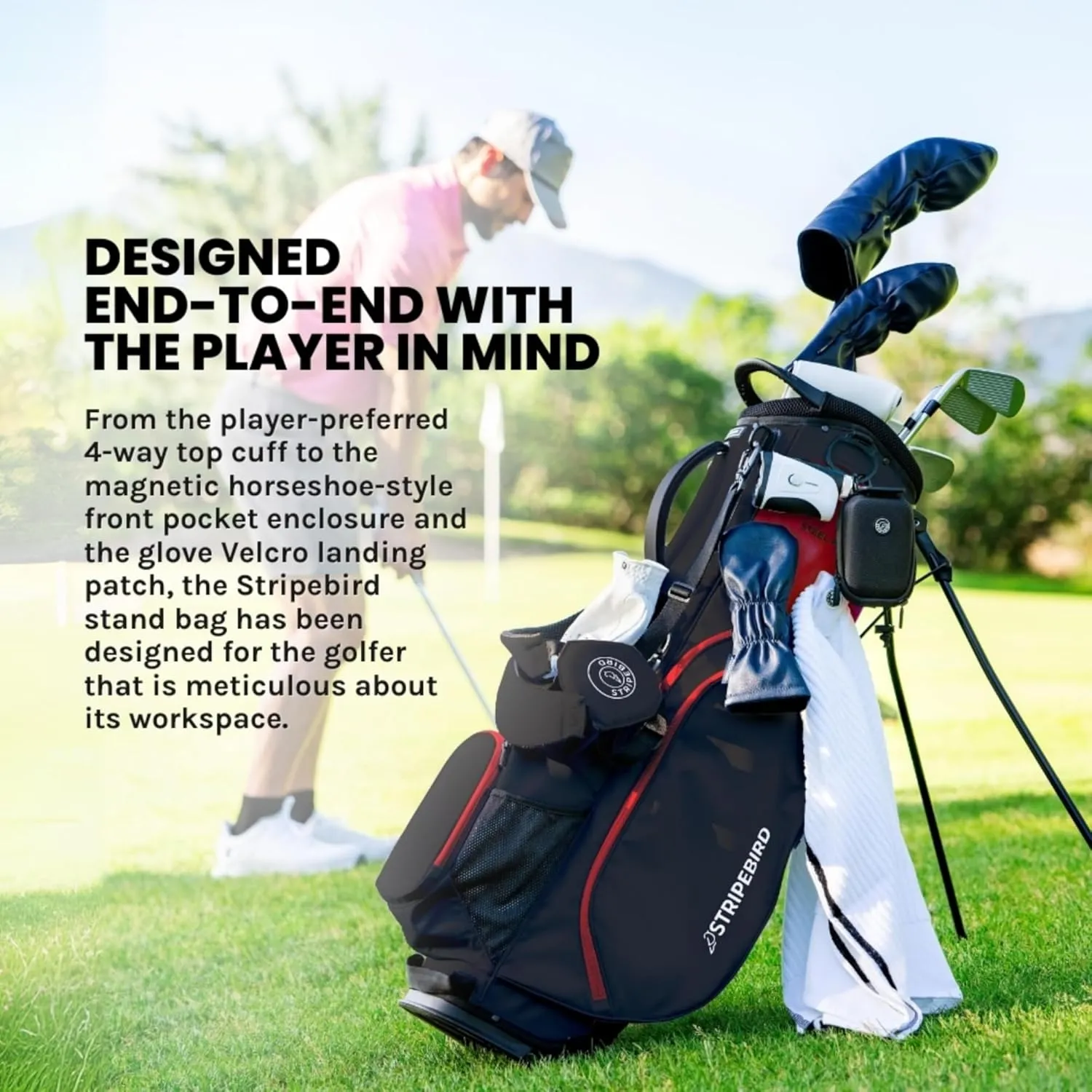 Golf Stand Bag with Hub for Magnets - 4 Way Full-Length Dividers Golf Club Bag - Flexfit Rotatable & Adjustable Dual Straps - Lightweight Golf Bag Stand - Golf Bags for Men