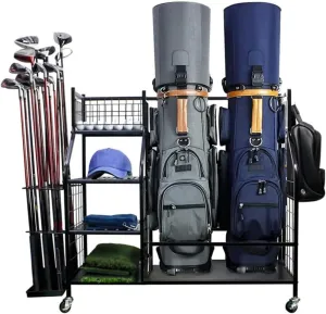 Golf Storage Garage Organizer, Extra Large Size Golf Bag Storage Rack Fit for 2 Golf Bags, 21 Golf Clubs, Balls, and Accessories with Lockable Wheels Organizer for Garage, Club, Shed, Basement