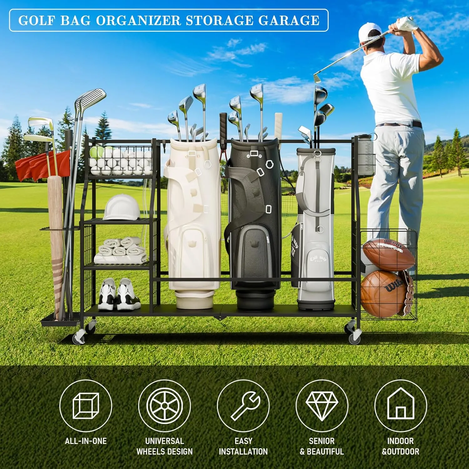 Golf Storage Garage Organizer, Golf Bag Storage Stand and Other Golfing Equipment Rack, Extra Storage Rack for Golf Clubs