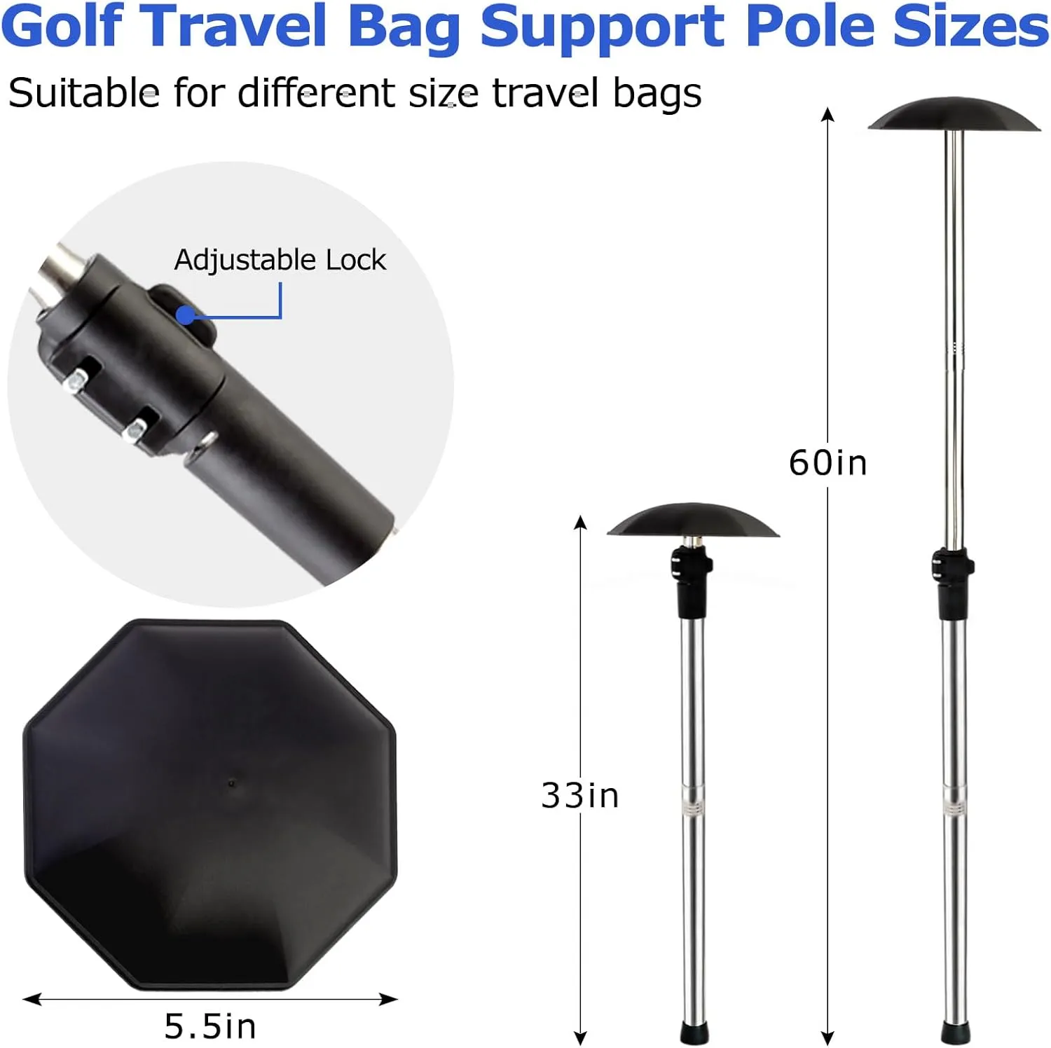 Golf Travel Bag Support Pole, 33"-60" Golf Travel Bag Support Rod Telescopic Adjustable Airlines Stiff Arm Club Protector Stainless Steel Pole
