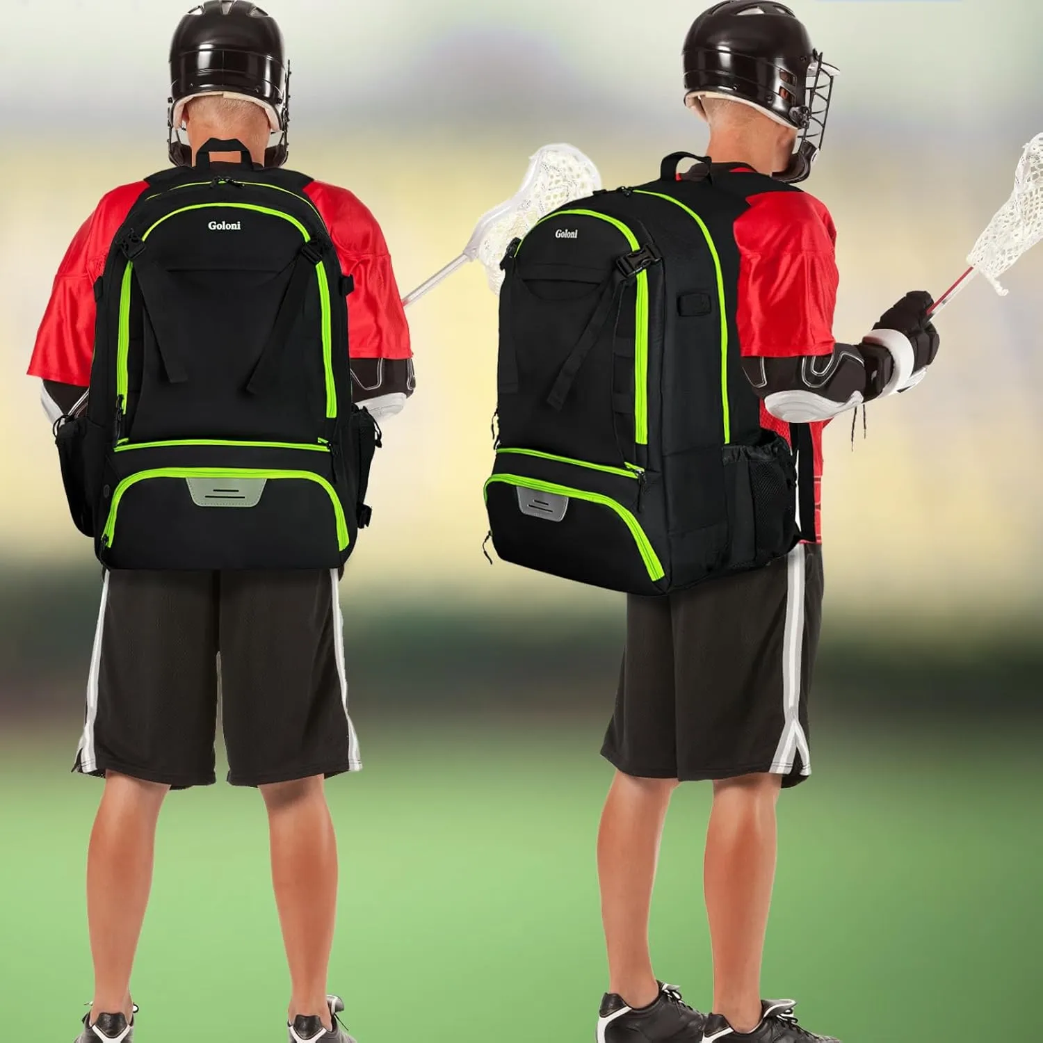 Goloni Lacrosse Equipment Backpack with Two Sticks holder and Separate Cleats Compartment Field Hockey Bag