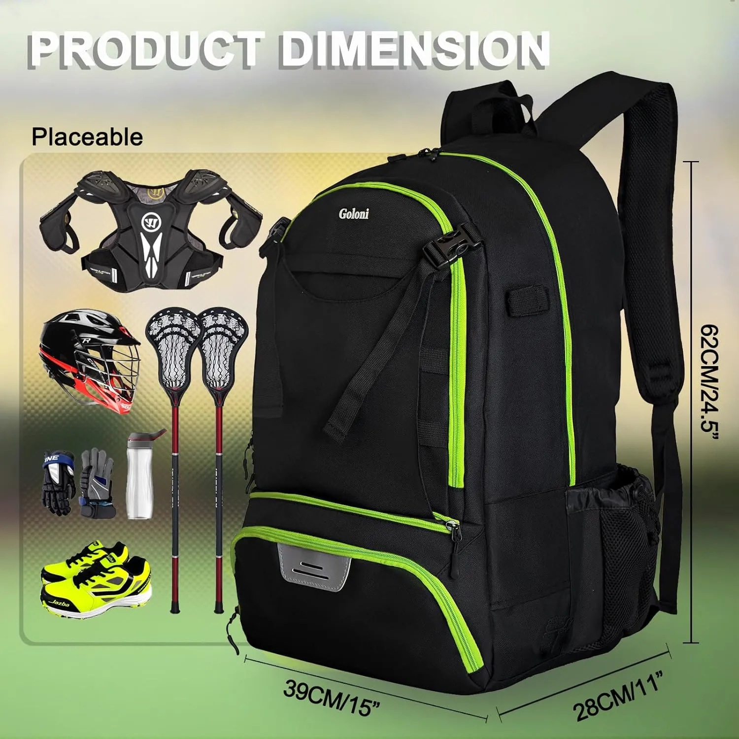 Goloni Lacrosse Equipment Backpack with Two Sticks holder and Separate Cleats Compartment Field Hockey Bag