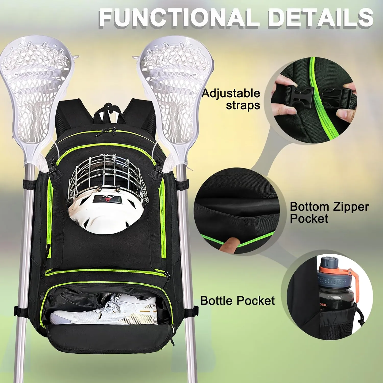 Goloni Lacrosse Equipment Backpack with Two Sticks holder and Separate Cleats Compartment Field Hockey Bag