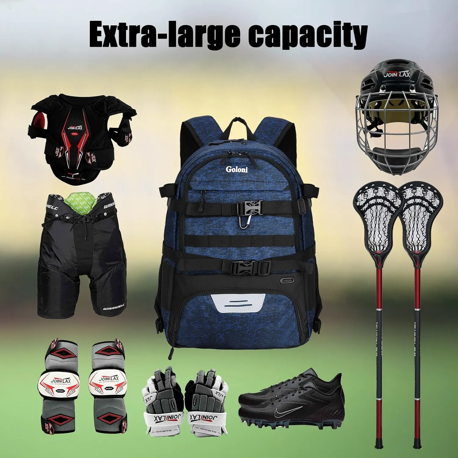 Goloni Lacrosse Equipment Backpack with Two Sticks holder and Separate Cleats Compartment Field Hockey Bag