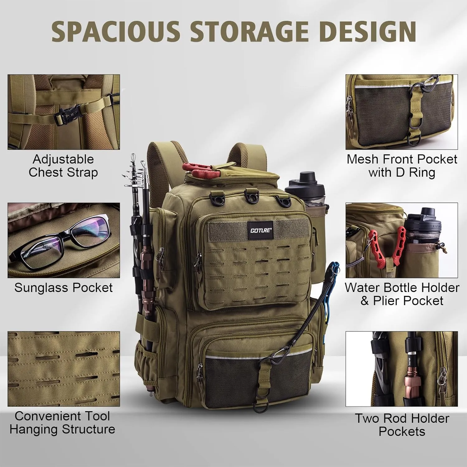 Goture Fishing Backpack, Fishing Tackle Backpack with Rod Holders, 45L 600D Large Fishing Bag Storage Fishing Gear, Water Resistant Tackle Bag with 8 Lure Pockets, Rain Cover for Camping Hiking