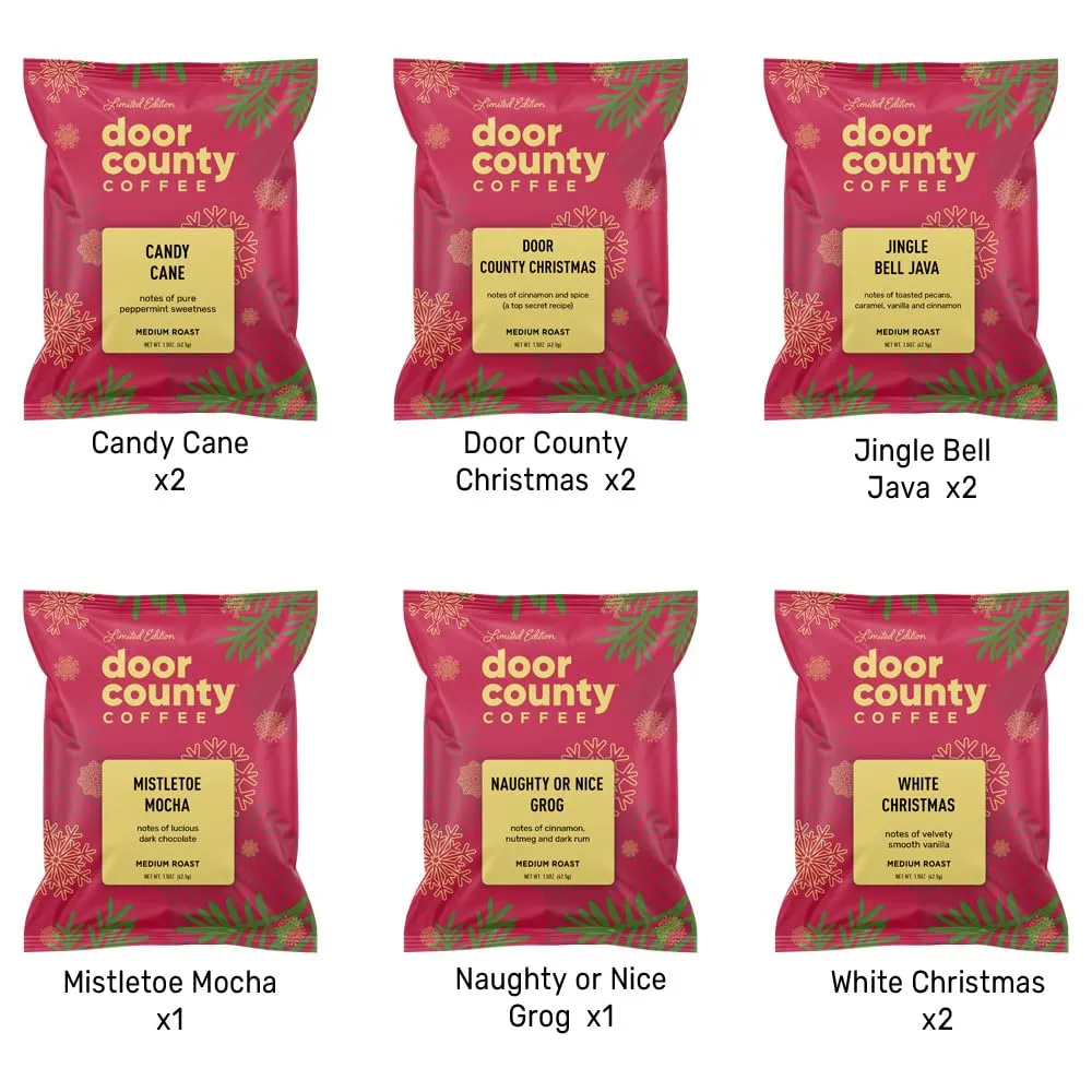 Gourmet Flavored Holiday Coffee Sampler Pack - 10 Bags of Unique Flavored Coffees – 100% Specialty Grade 1 Arabica -1.5 oz Full-Pot Bags - Roasted by Door County Coffee
