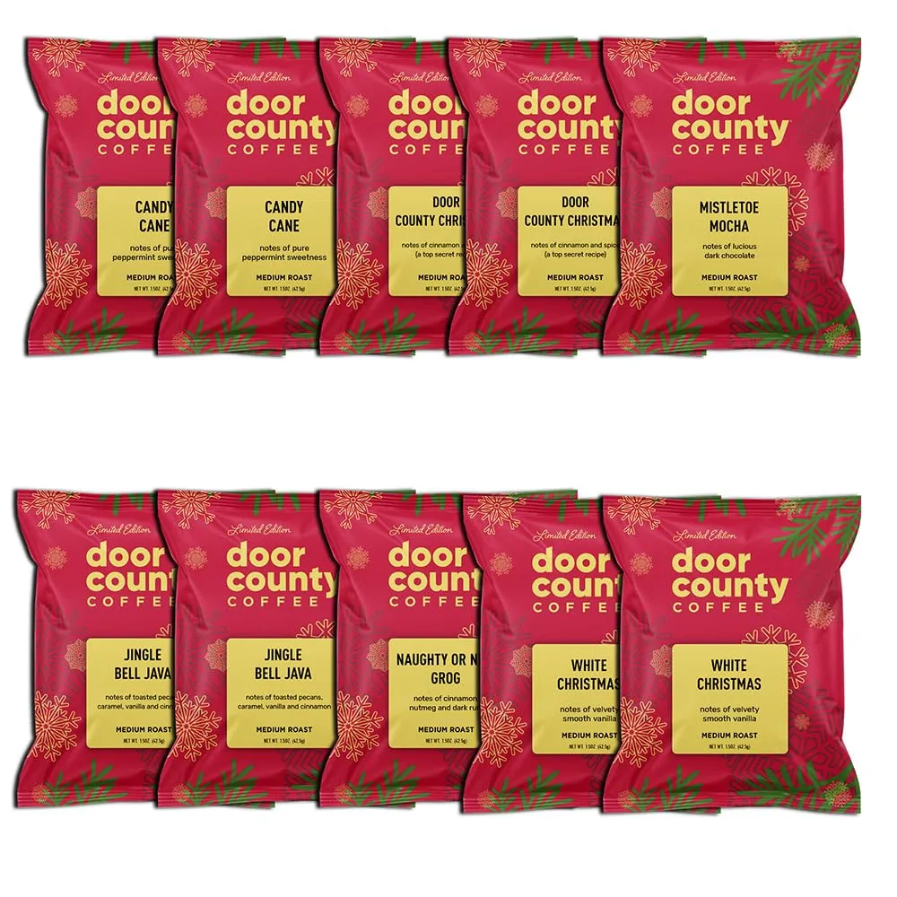 Gourmet Flavored Holiday Coffee Sampler Pack - 10 Bags of Unique Flavored Coffees – 100% Specialty Grade 1 Arabica -1.5 oz Full-Pot Bags - Roasted by Door County Coffee