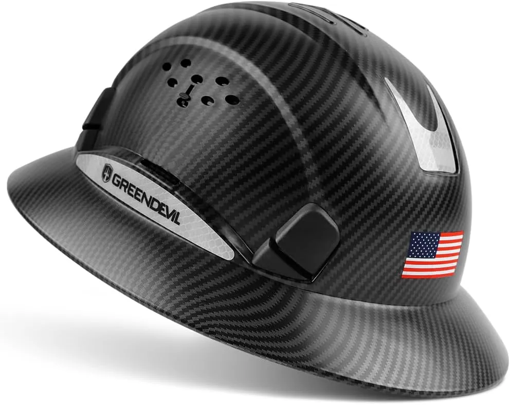 GREEN DEVIL Full Brim Hard Hat Vented Construction Safety Helmet OSHA Approved Cascos De Construccion ABS Work Hardhat for Men&Women 6 Point Adjustable Ratchet Suspension Custom Pattern Design