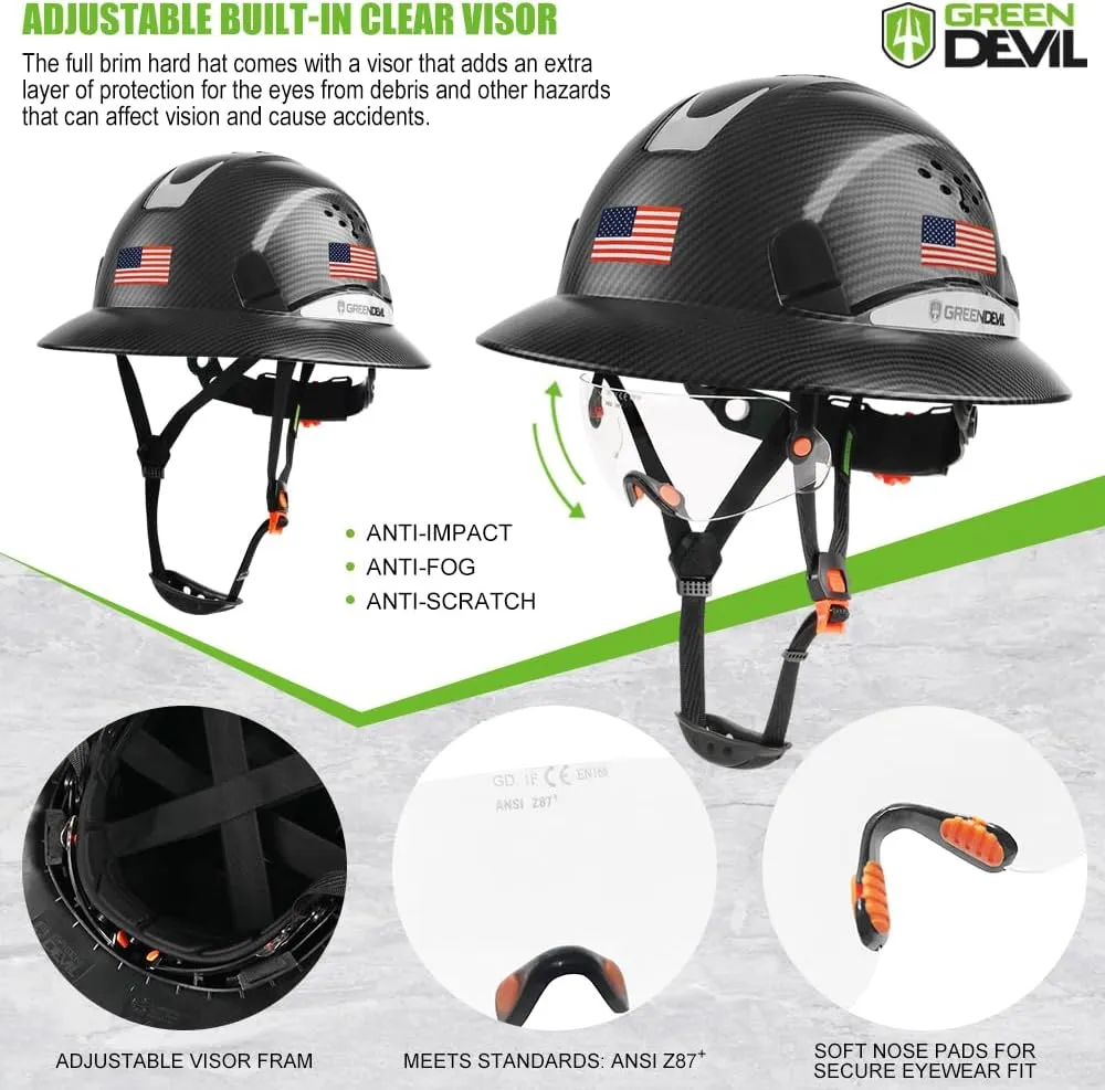 GREEN DEVIL Full Brim Hard Hat Vented Construction Safety Helmet OSHA Approved Cascos De Construccion ABS Work Hardhat for Men&Women 6 Point Adjustable Ratchet Suspension Custom Pattern Design