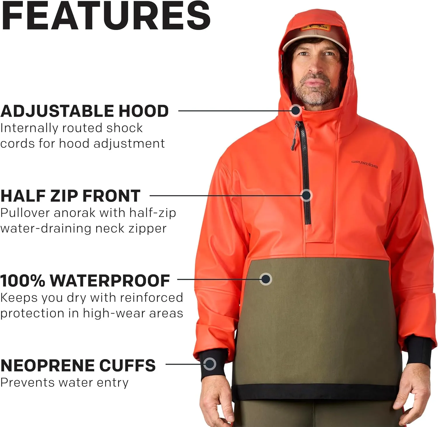 Grundens Neptune Armored Anorak Jacket - Outerwear for Fishing, Wind and Weather Resistant, Stain Resistant, Medium Duty