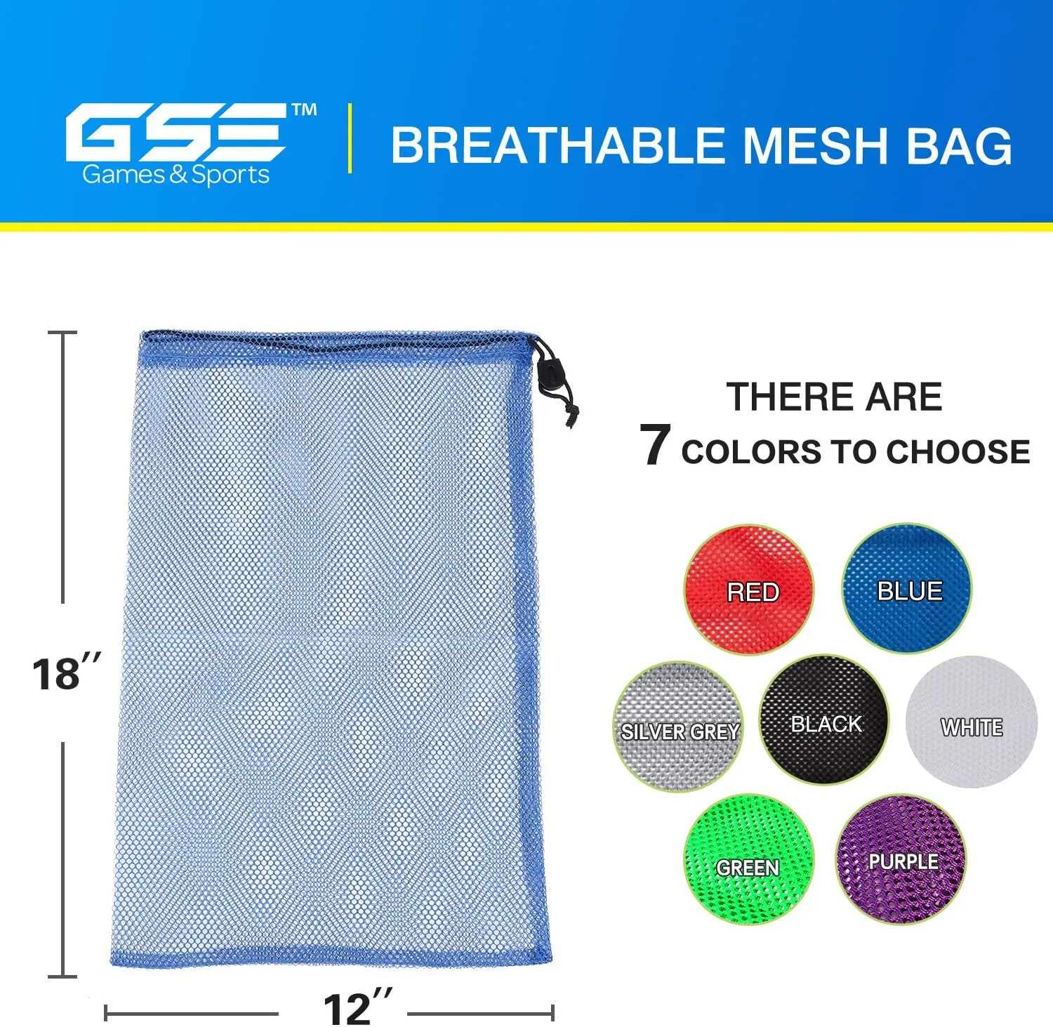 GSE Games & Sports Expert 6 Pack 18"x12" Blue Mesh Drawstring Bag for Baseball, Softball, Tennis, Pickleball Ball, Golf Ball. Mesh Sports Equipment Bag with Lock for Gym Training, Beach, Laundry