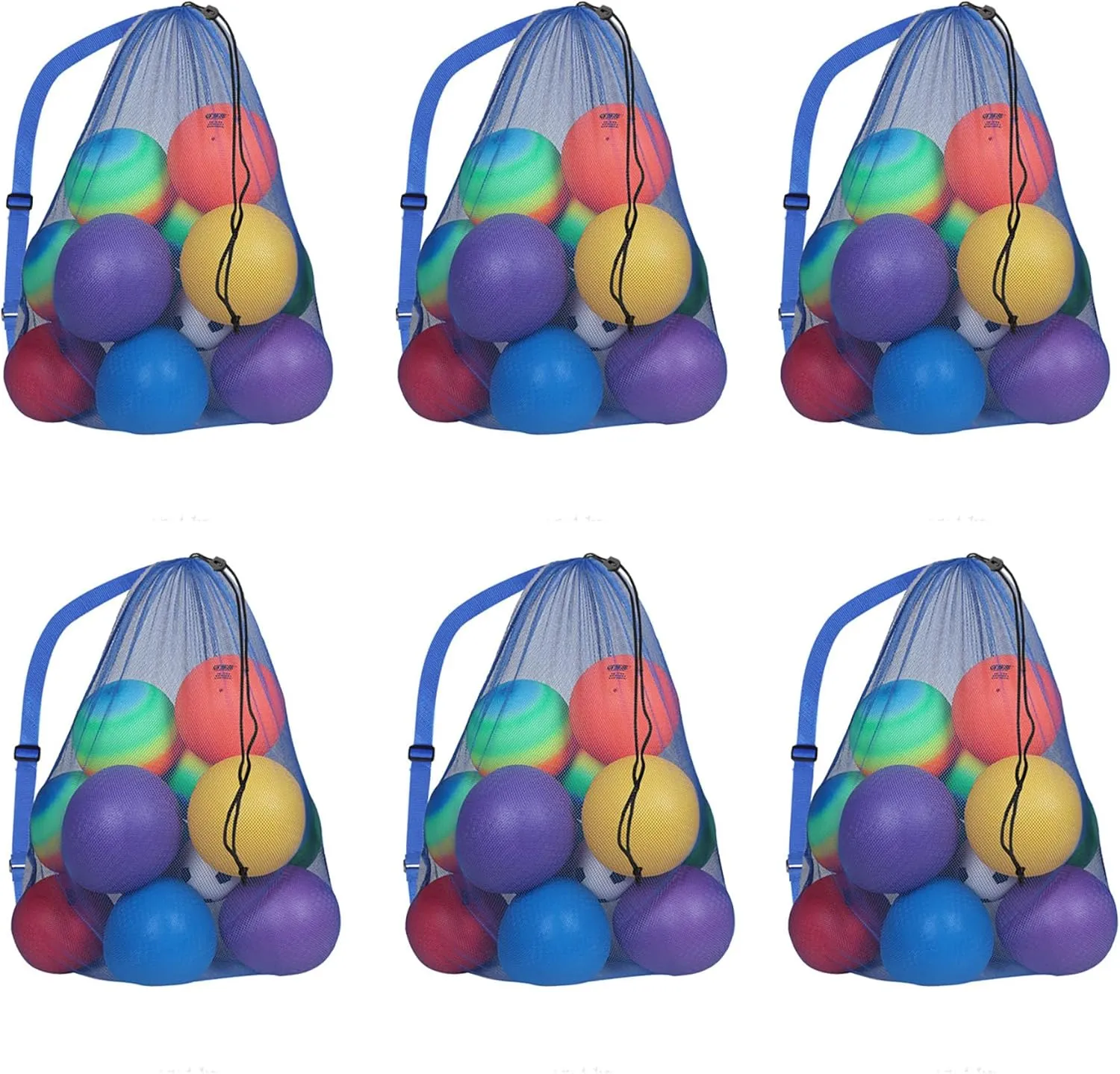 GSE Games & Sports Expert 6 Pack Blue Extra Large Mesh Sports Ball Drawstring Bag, 30" x 40" Soccer Equipment Bag with Adjustable Shoulder Strap for Football, Basketball, Volleyball, Swimming