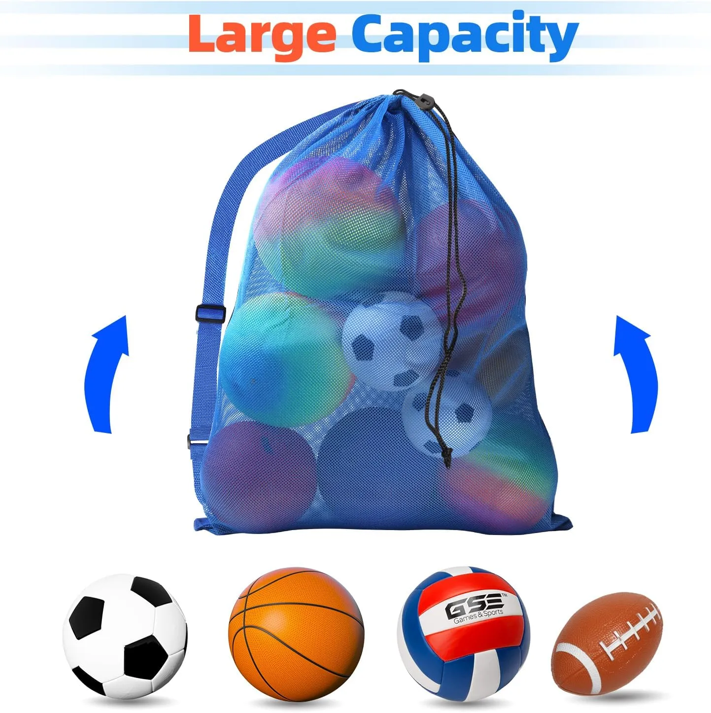 GSE Games & Sports Expert 6 Pack Blue Extra Large Mesh Sports Ball Drawstring Bag, 30" x 40" Soccer Equipment Bag with Adjustable Shoulder Strap for Football, Basketball, Volleyball, Swimming